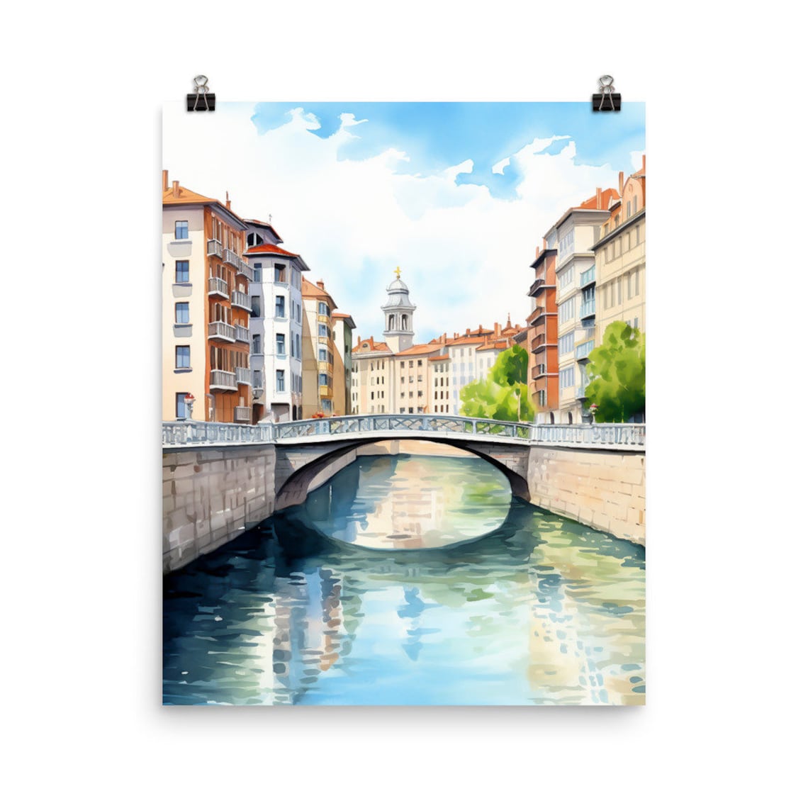 Bilbao Riverside Bridge and Colorful Old Town Watercolor Poster