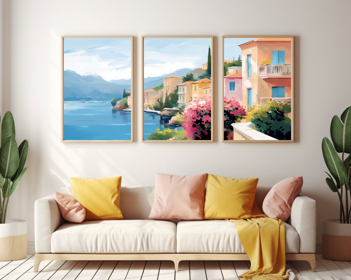 Three Panel French Riviera Coastal Cityscape Watercolor Wall Art