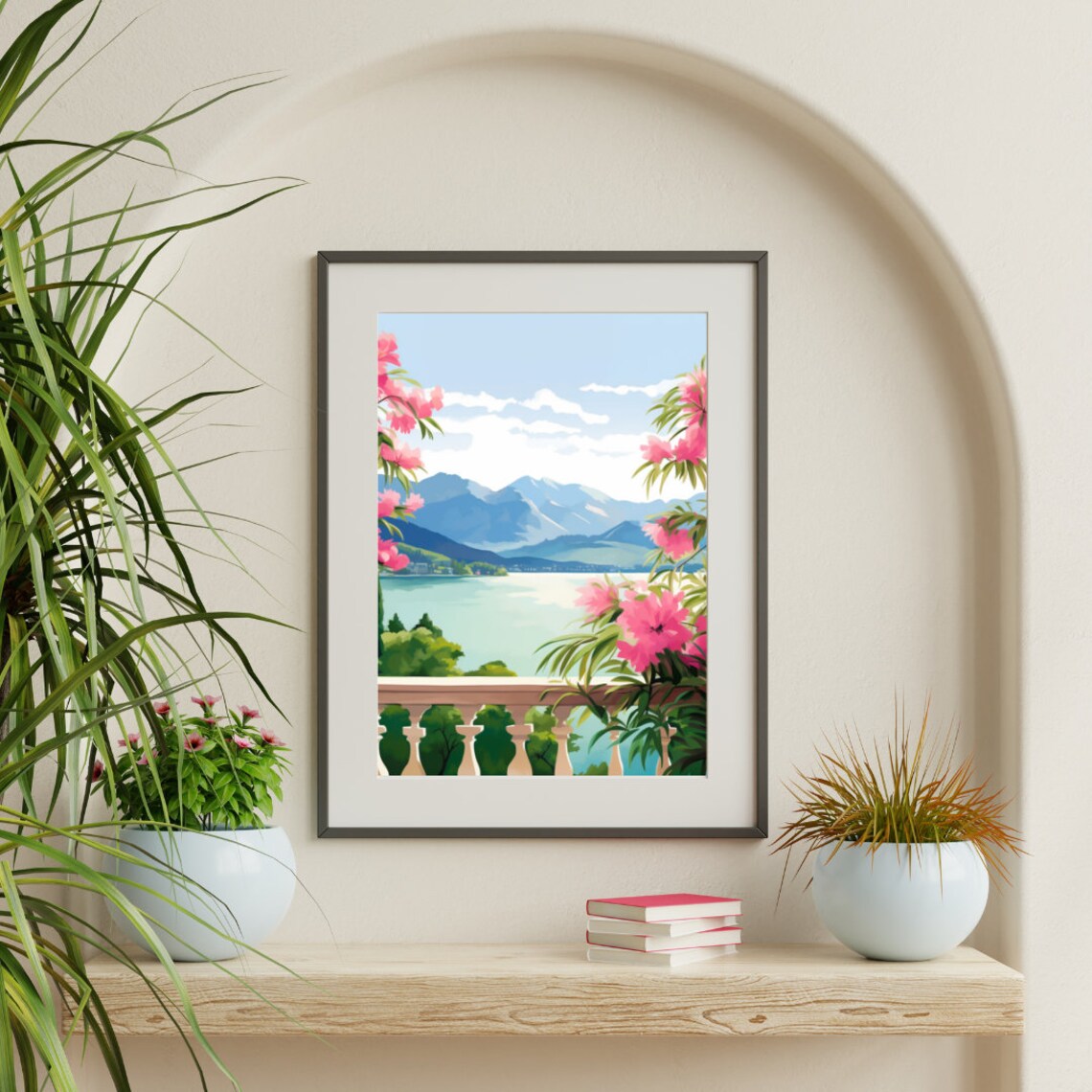 Lake Annecy Terrace View with Pink Flowers and Mountains Poster - Image 3