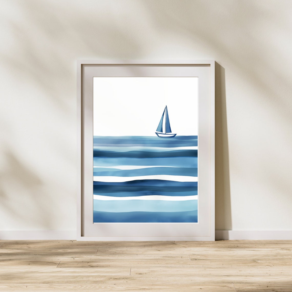 Minimalist Blue Sailboat Gliding on Layered Waves Ocean Art Poster - Image 3