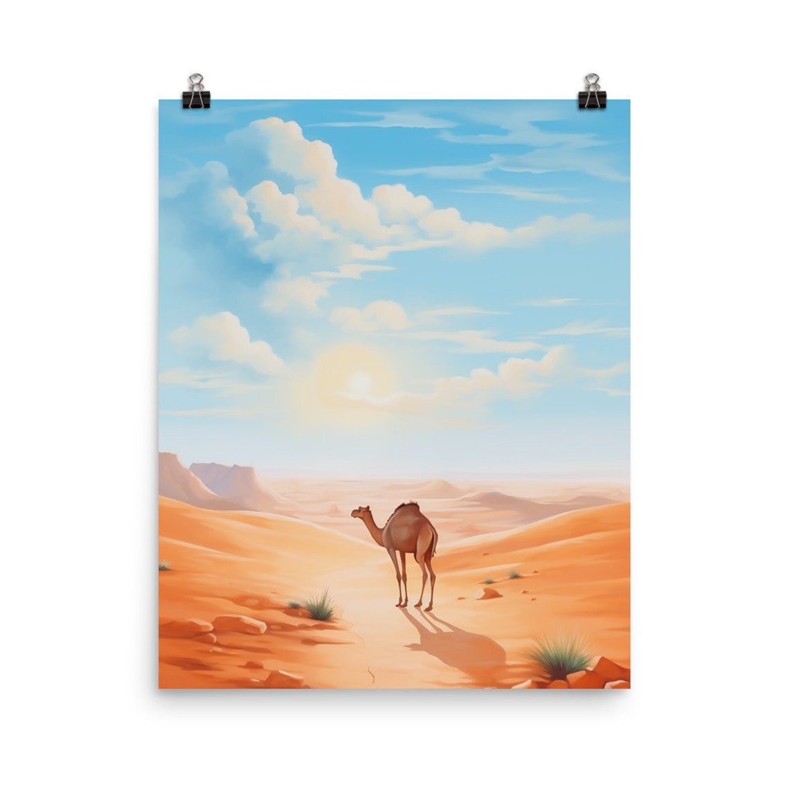 Sahara Desert Camel Sunset Watercolor Landscape Nature Poster