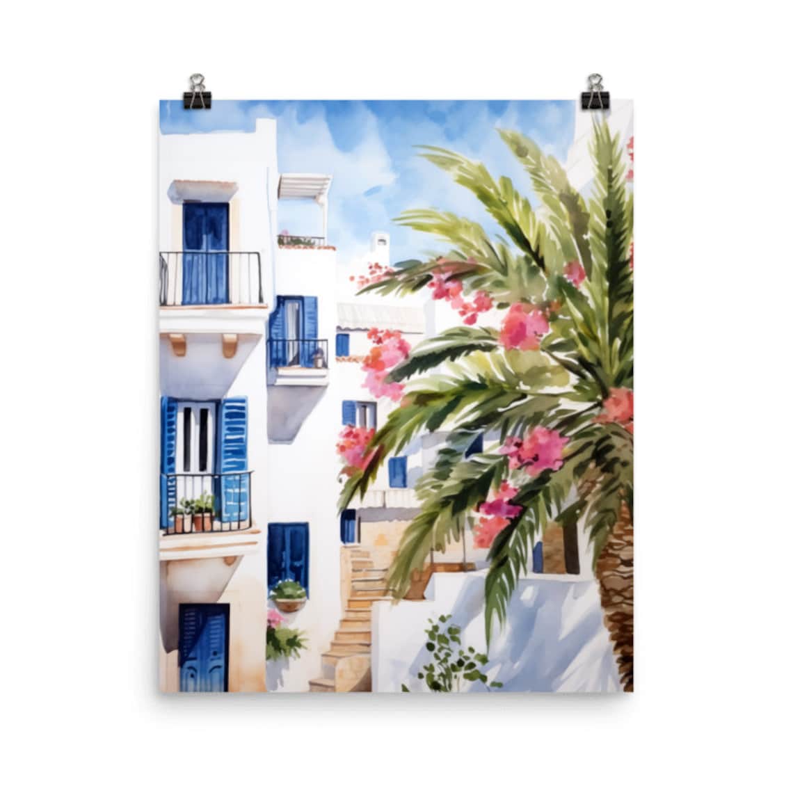 Ibiza Town Watercolor Travel Poster, Balearic Spain