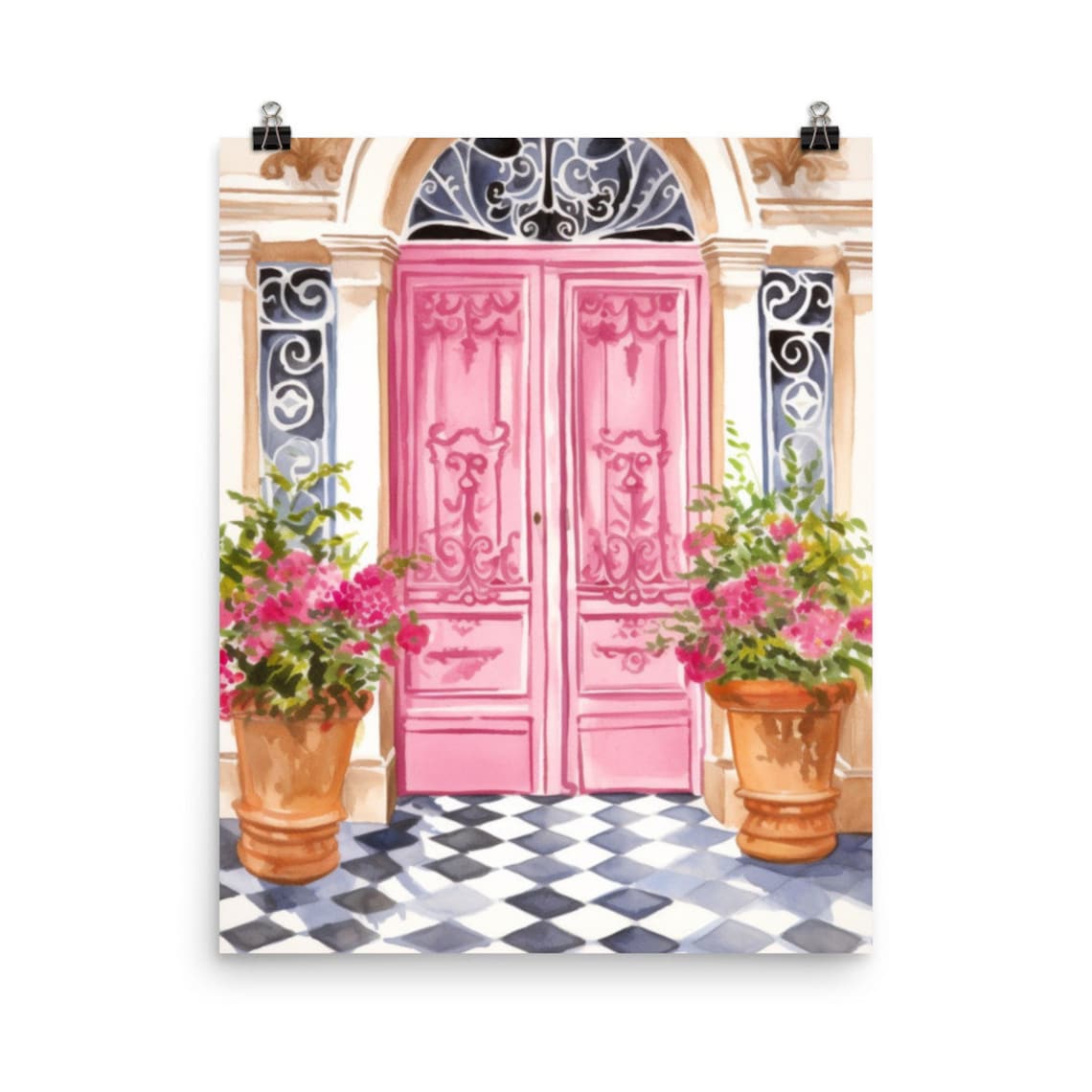 Paris Pink Door With Flower Planters And Checkered Floor Poster