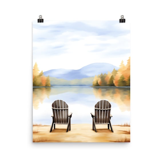 Two Adirondack Chairs On A Quiet Autumn Lake Watercolor Poster