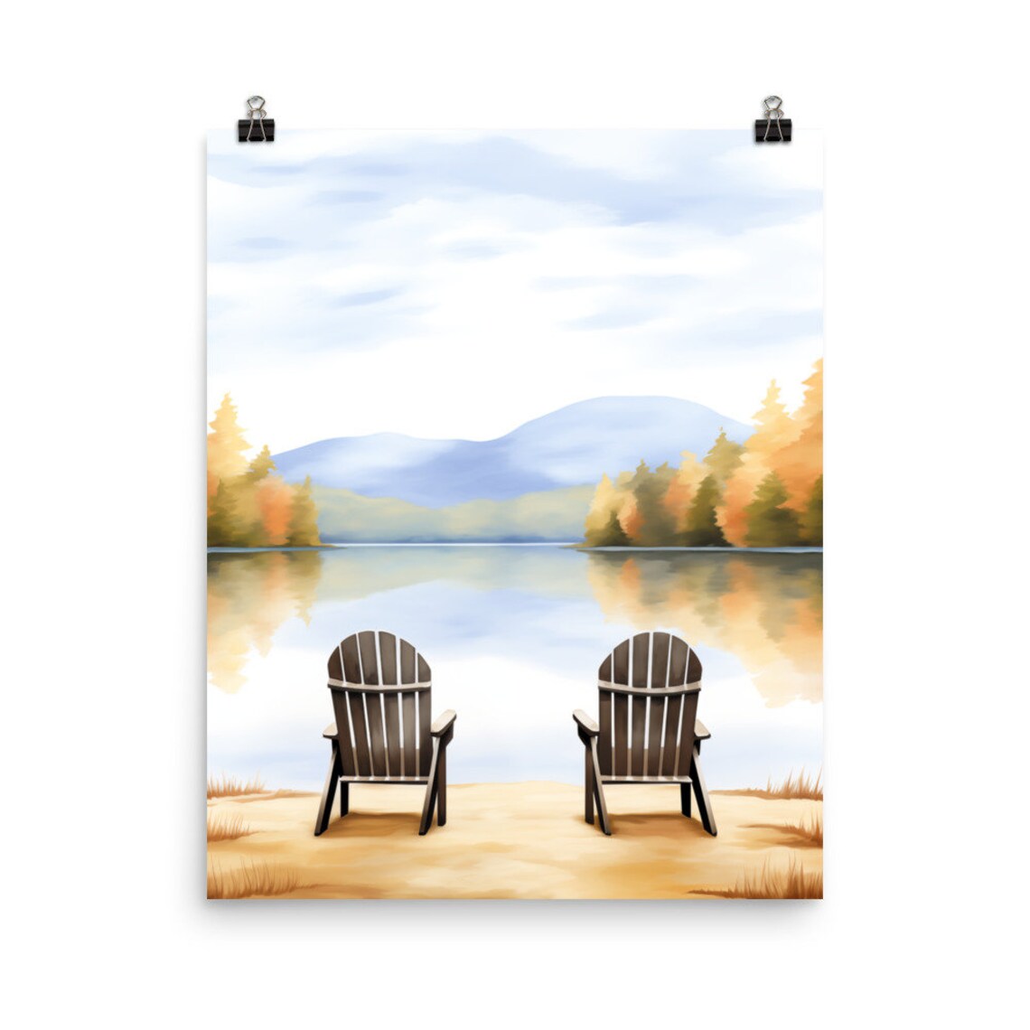 Two Adirondack Chairs On A Quiet Autumn Lake Watercolor Poster