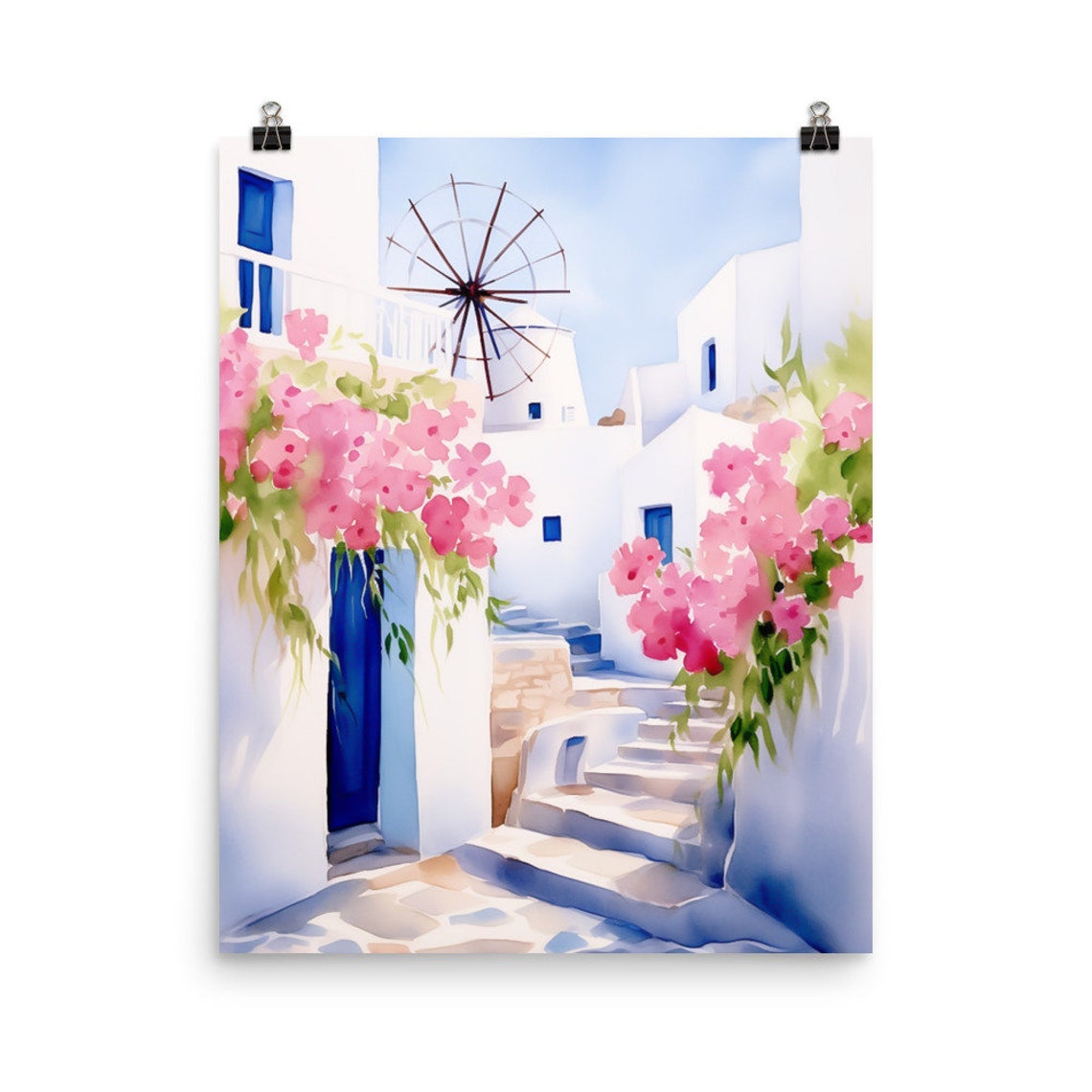Mykonos Windmill Over Whitewashed Streets Watercolor Art Poster