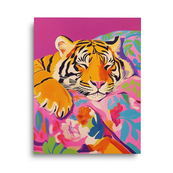 Sleeping Tiger Among Flowers Maximalist Retro Wildlife Art Poster