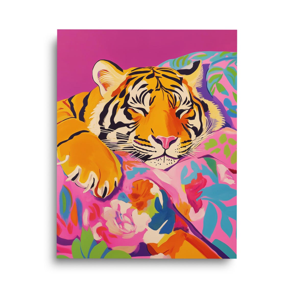 Sleeping Tiger Among Flowers Maximalist Retro Wildlife Art Poster