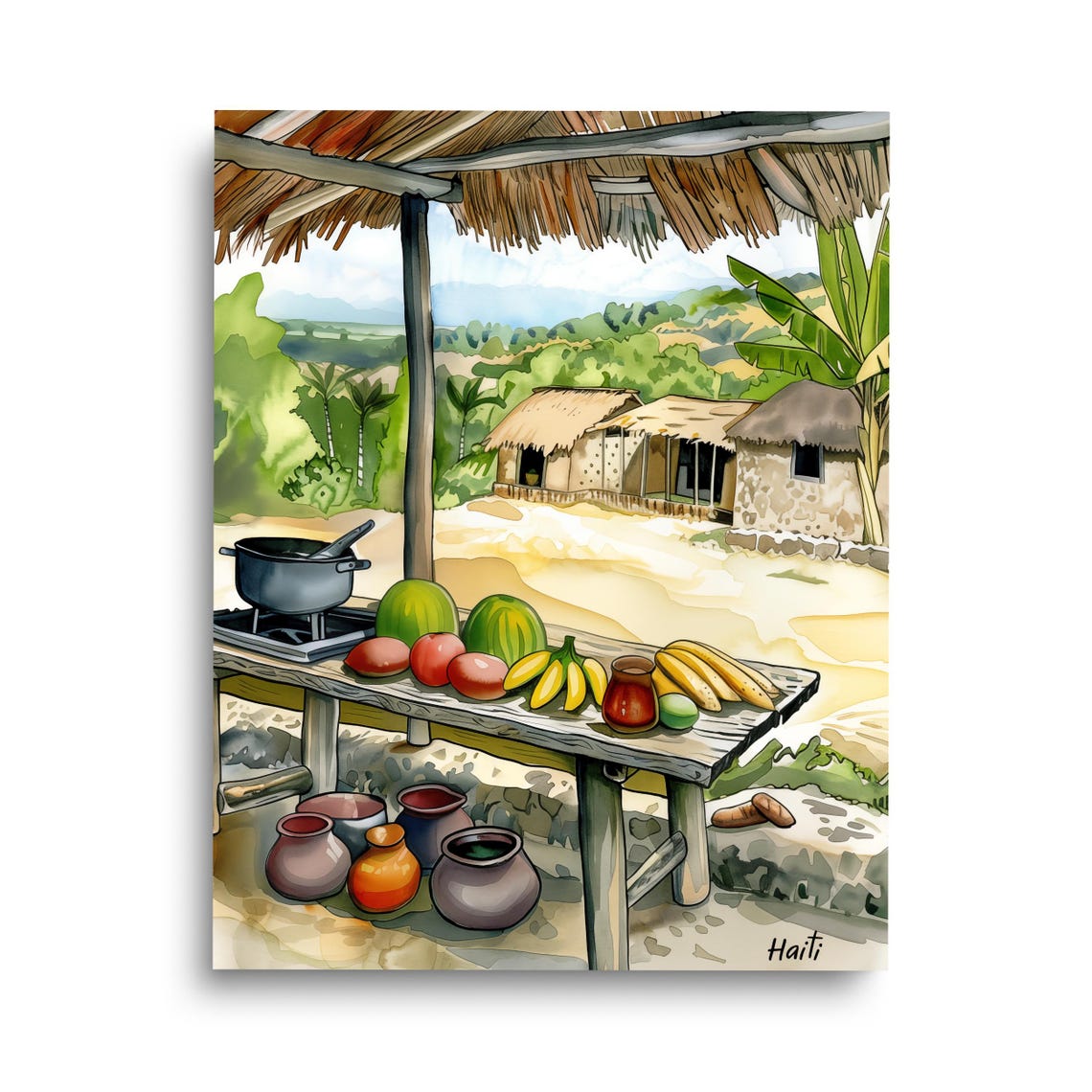 Haiti Village Watercolor Print Haitian Wall Art Caribbean Poster Kitchen Home Decor Travel Gift Foodie Fruits Painting