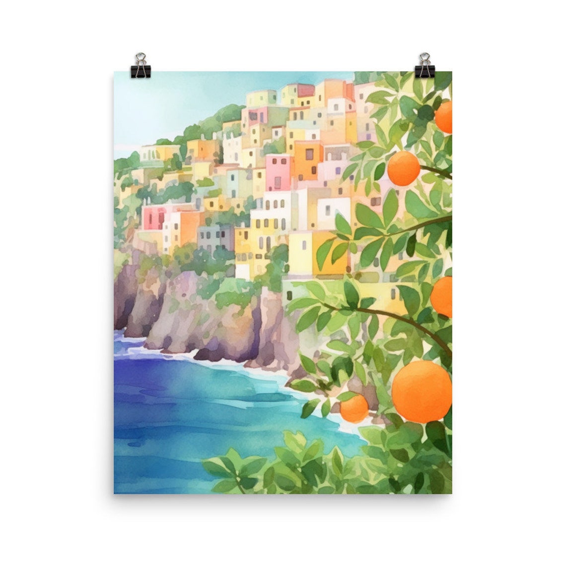 Amalfi Coast Cliffside Village with Orange Tree Watercolor Poster