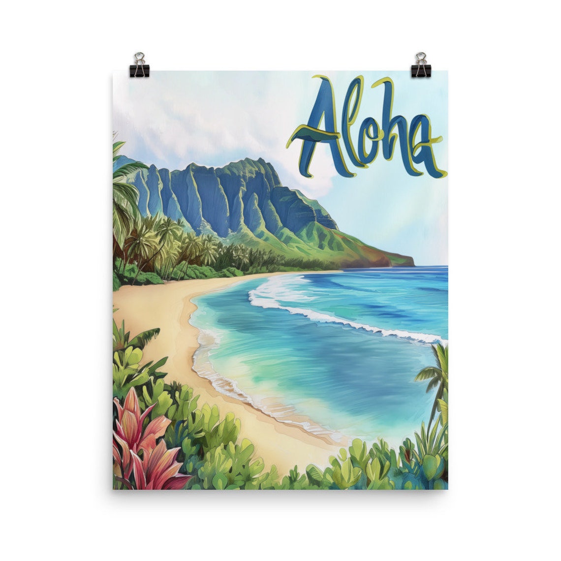 Aloha Kauai Beach With Green Sea Cliffs and Turquoise Surf Poster