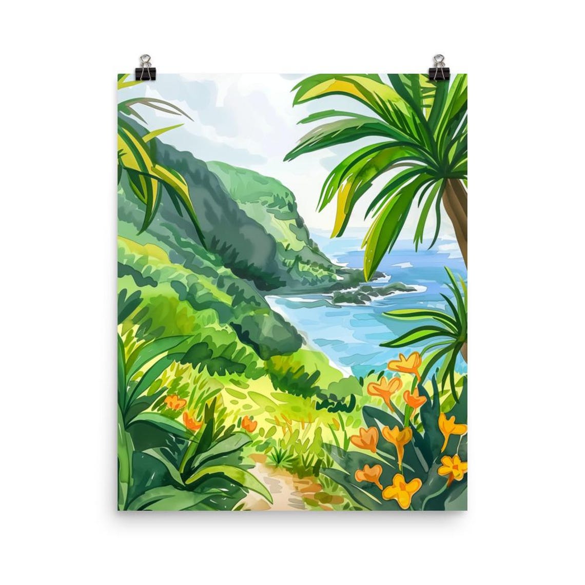 Madeira Tropical Coast with Palms and Cliffs Watercolor Poster