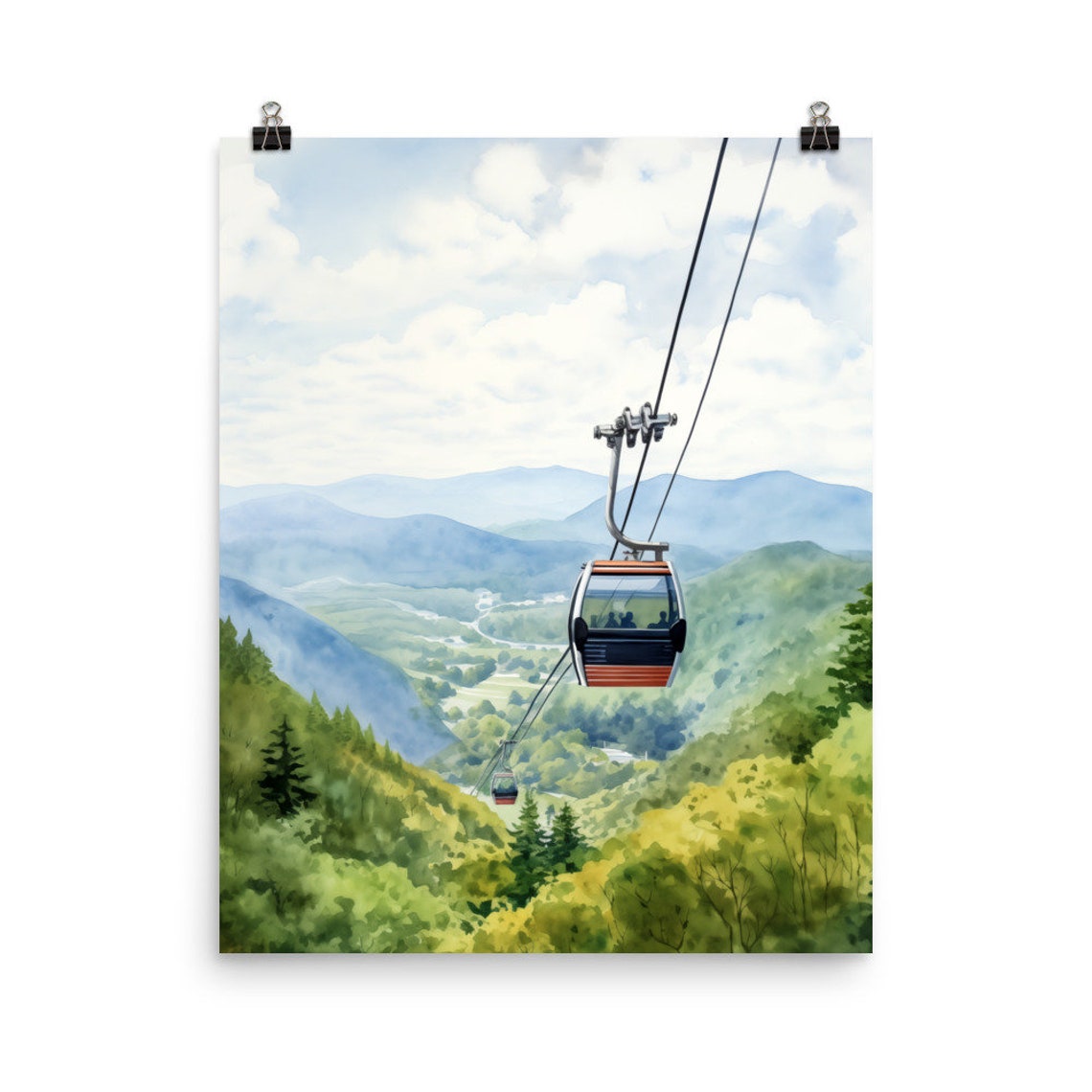 Gatlinburg Watercolor Print Tennessee Travel Gift Gondola Lift Nature Green Landscape Art Smoky Mountains