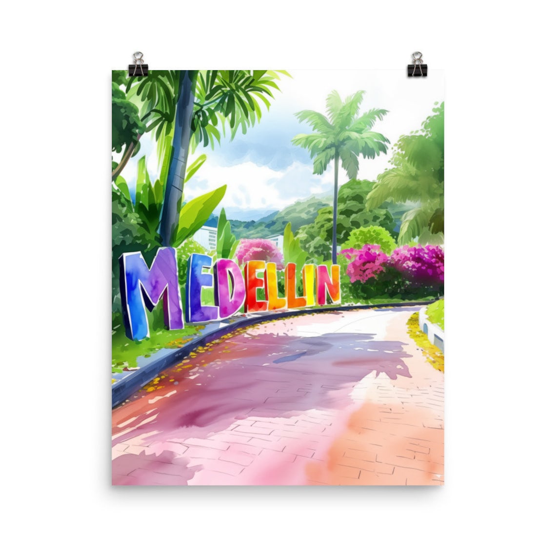 Medellin Colombia Colorful Sign Tropical Palms Watercolor Poster