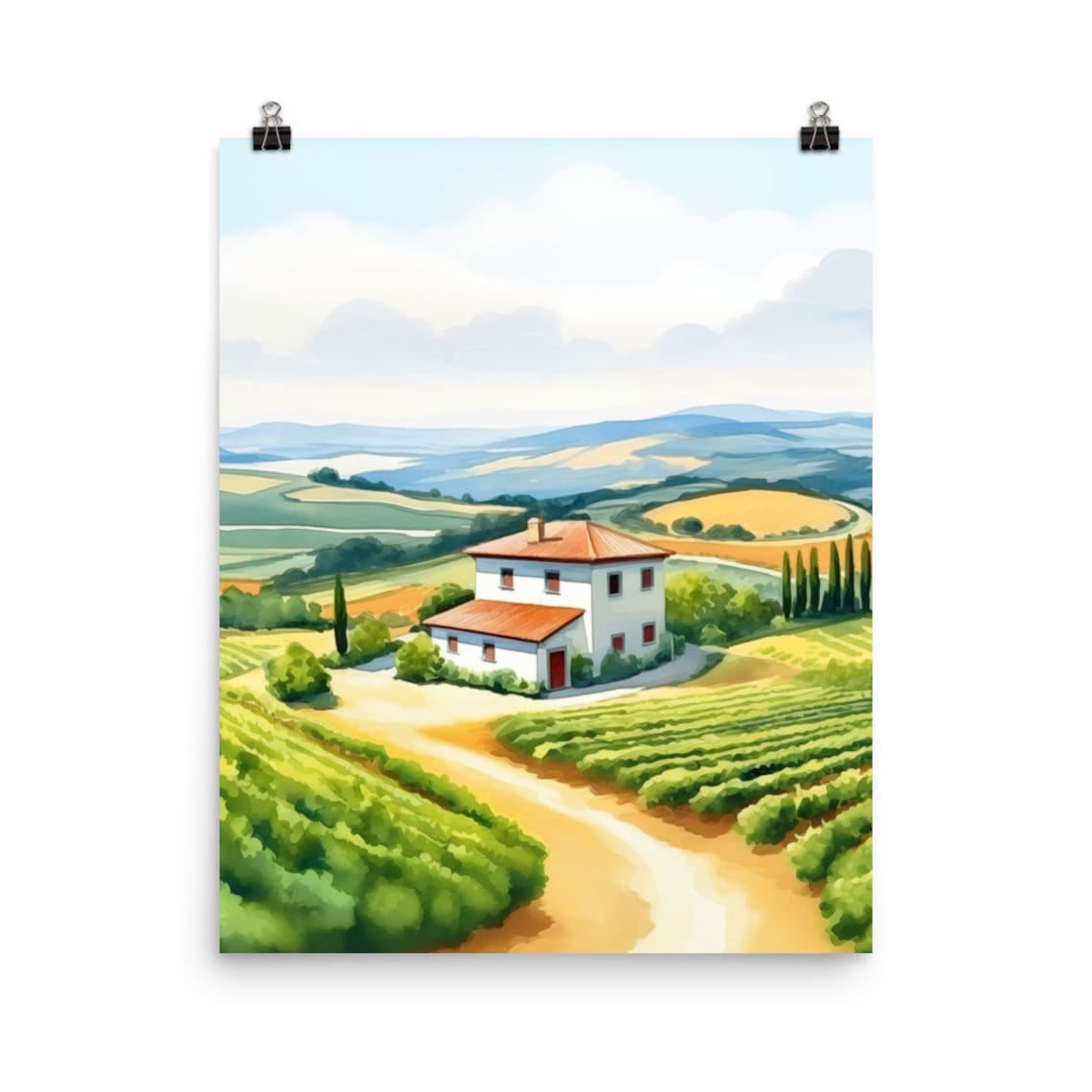 La Rioja Vineyard Farmhouse with Rolling Hills Watercolor Poster