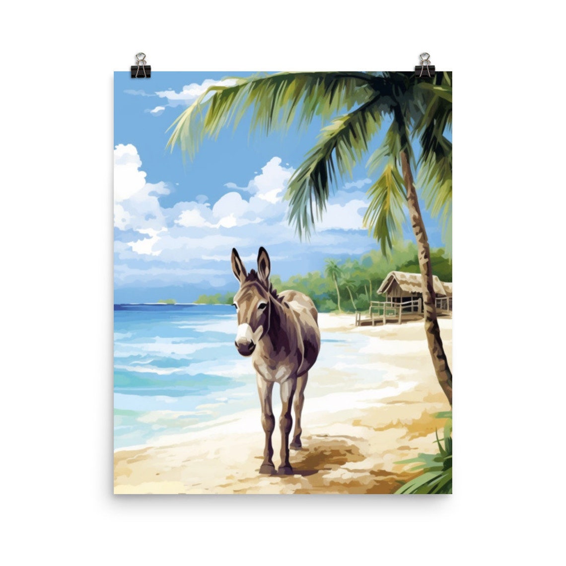 Tropical Beach Donkey Under a Palm Tree Watercolor Art Poster