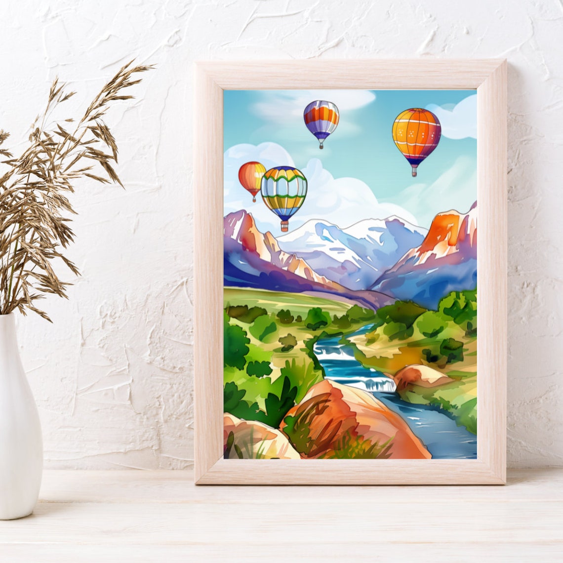 Hot Air Balloons Drifting Over a Mountain Valley River Poster - Image 3