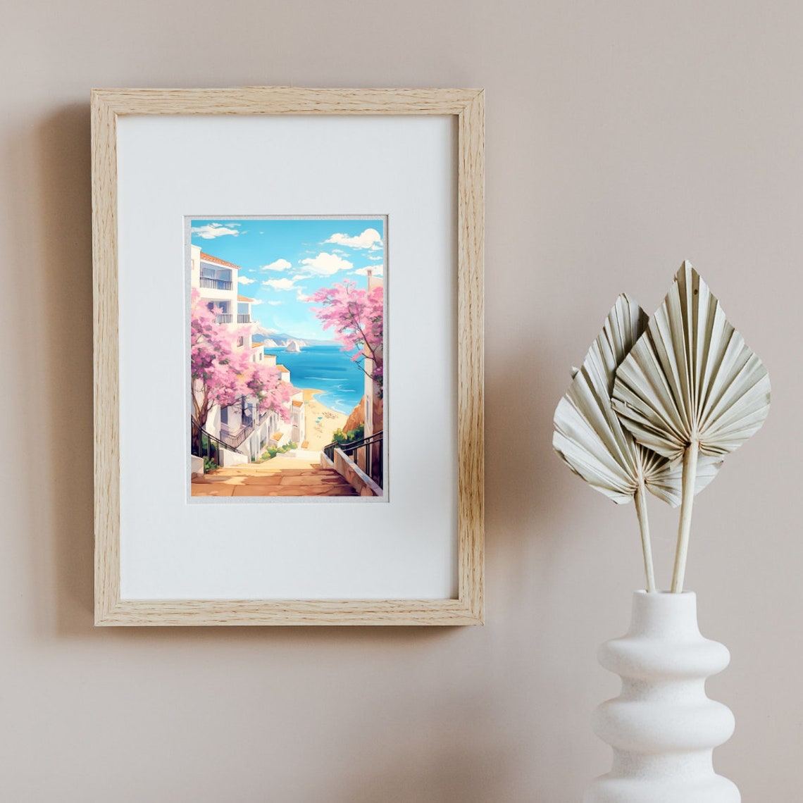 Albufeira Stairs Down to the Beach with Blossom Trees Poster - Image 2