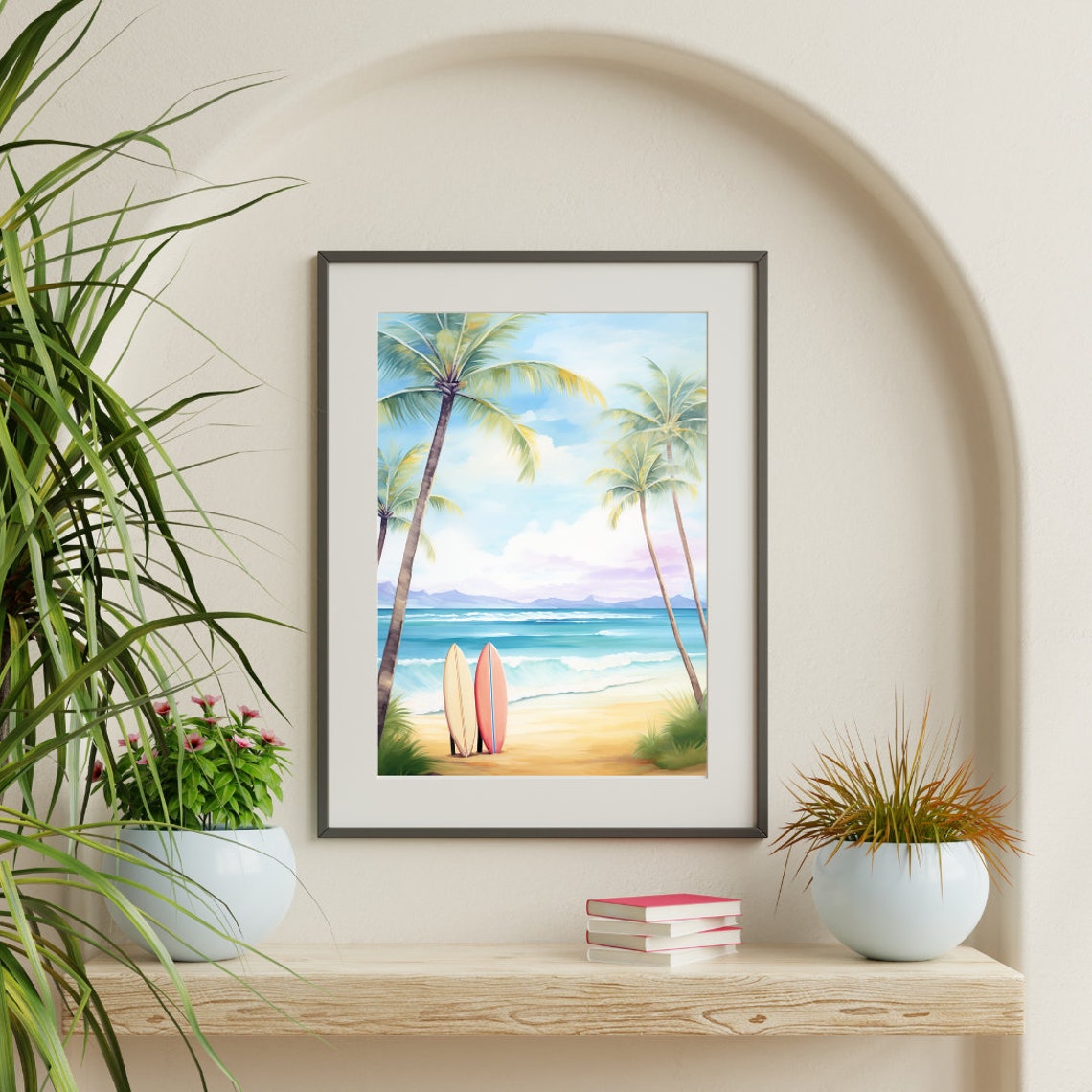 Two Surfboards Resting Between Palms Turquoise Wave Beach Poster - Image 3