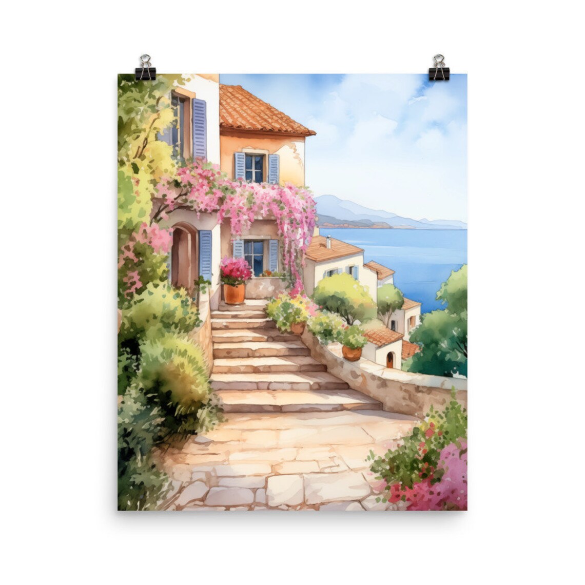 Cote d'Azur Villa Steps with Bougainvillea overlooking Sea Poster