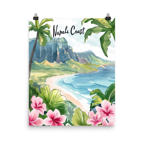 Napali Coast Kauai Hawaii Tropical Watercolor Coastal Landscape Poster