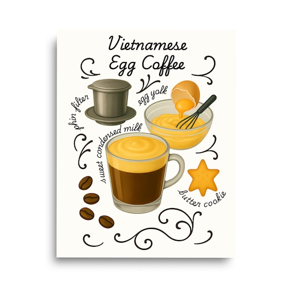 Vietnamese Egg Coffee Illustrated Recipe Art Print Kitchen Cafe Decor