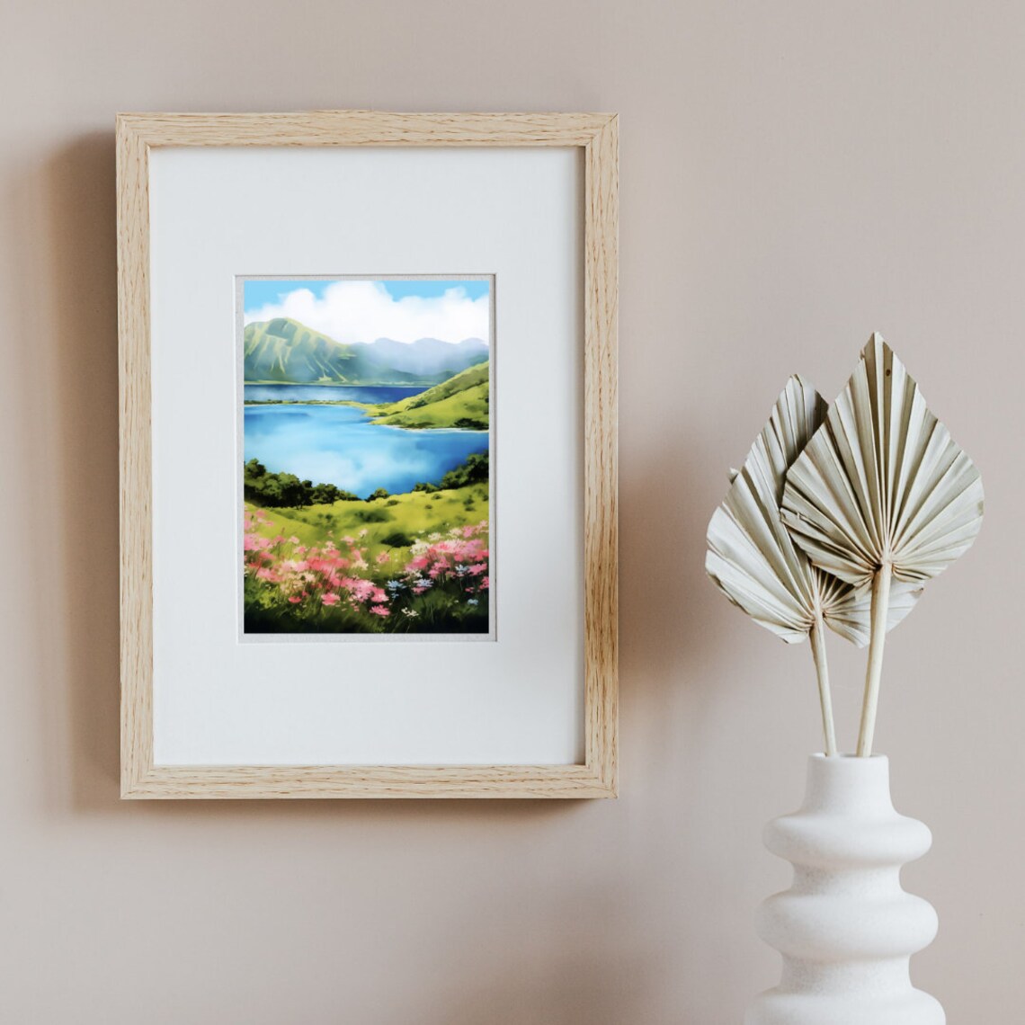 Azores Crater Lake Between Lush Green Peaks Watercolor Poster - Image 2