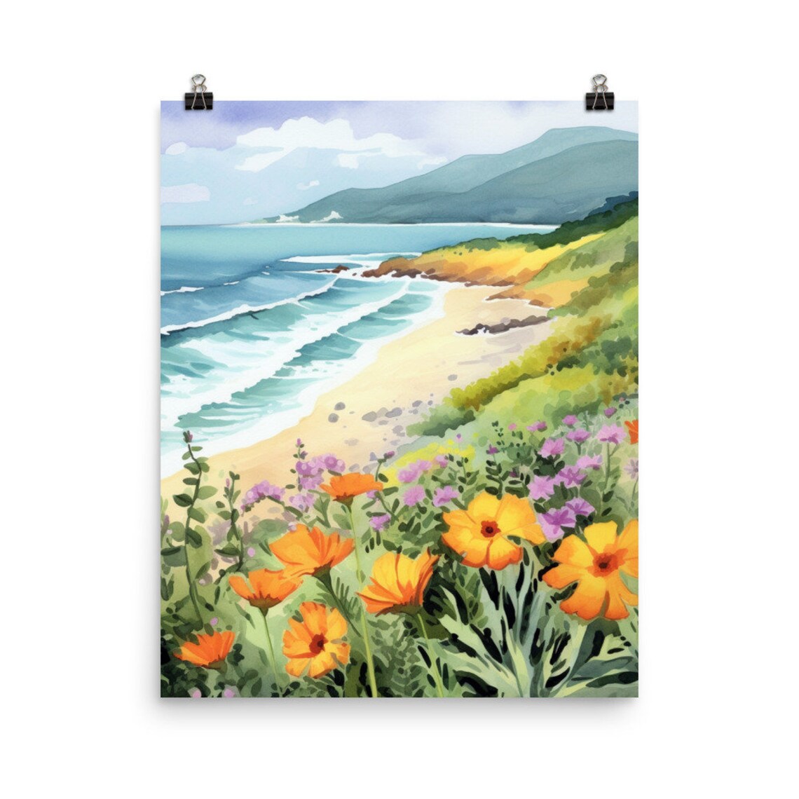 Watercolor Seaside Flowers Coastal Landscape Art Print
