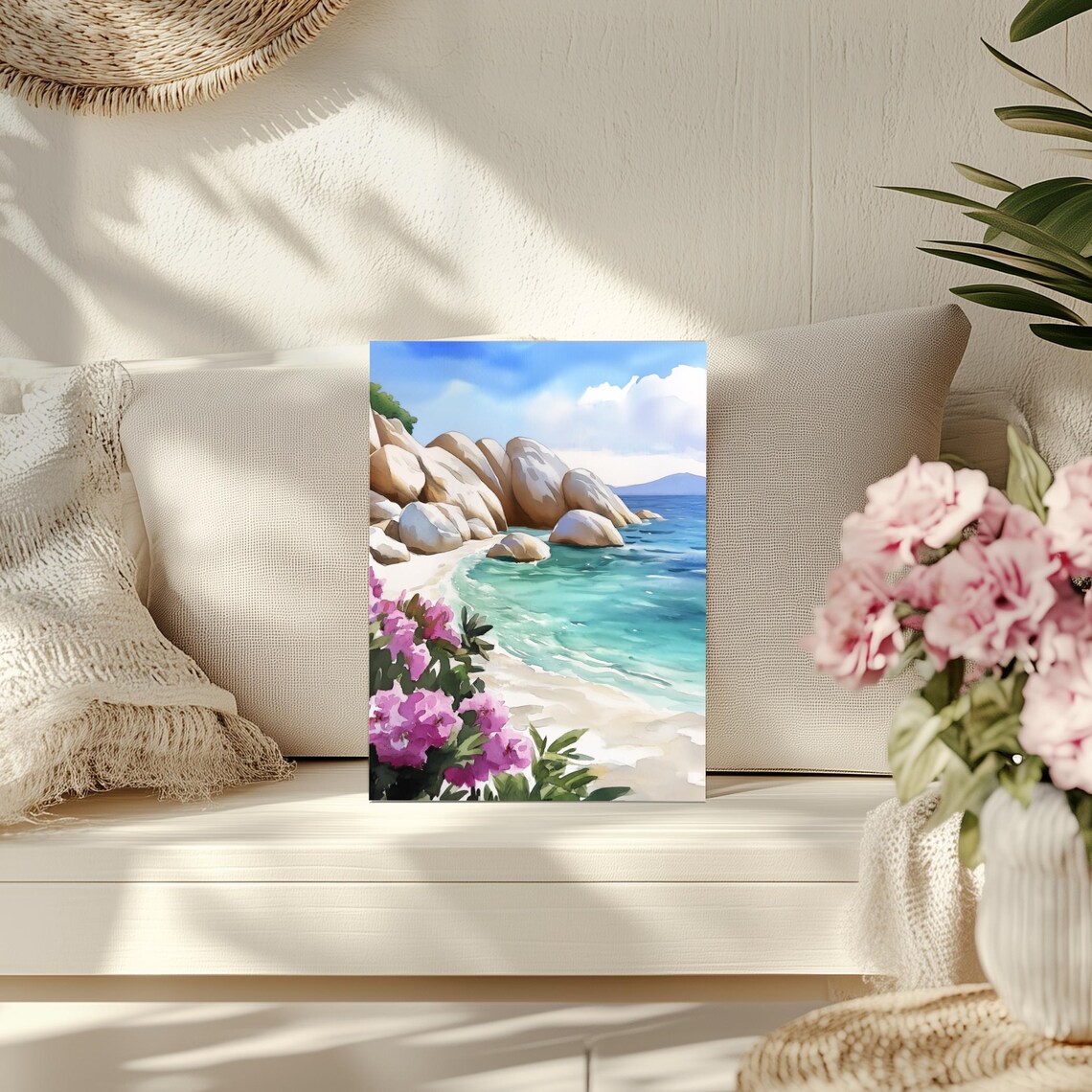 Rocky Beach Turquoise Water Pink Blossom Watercolor Coastal Poster