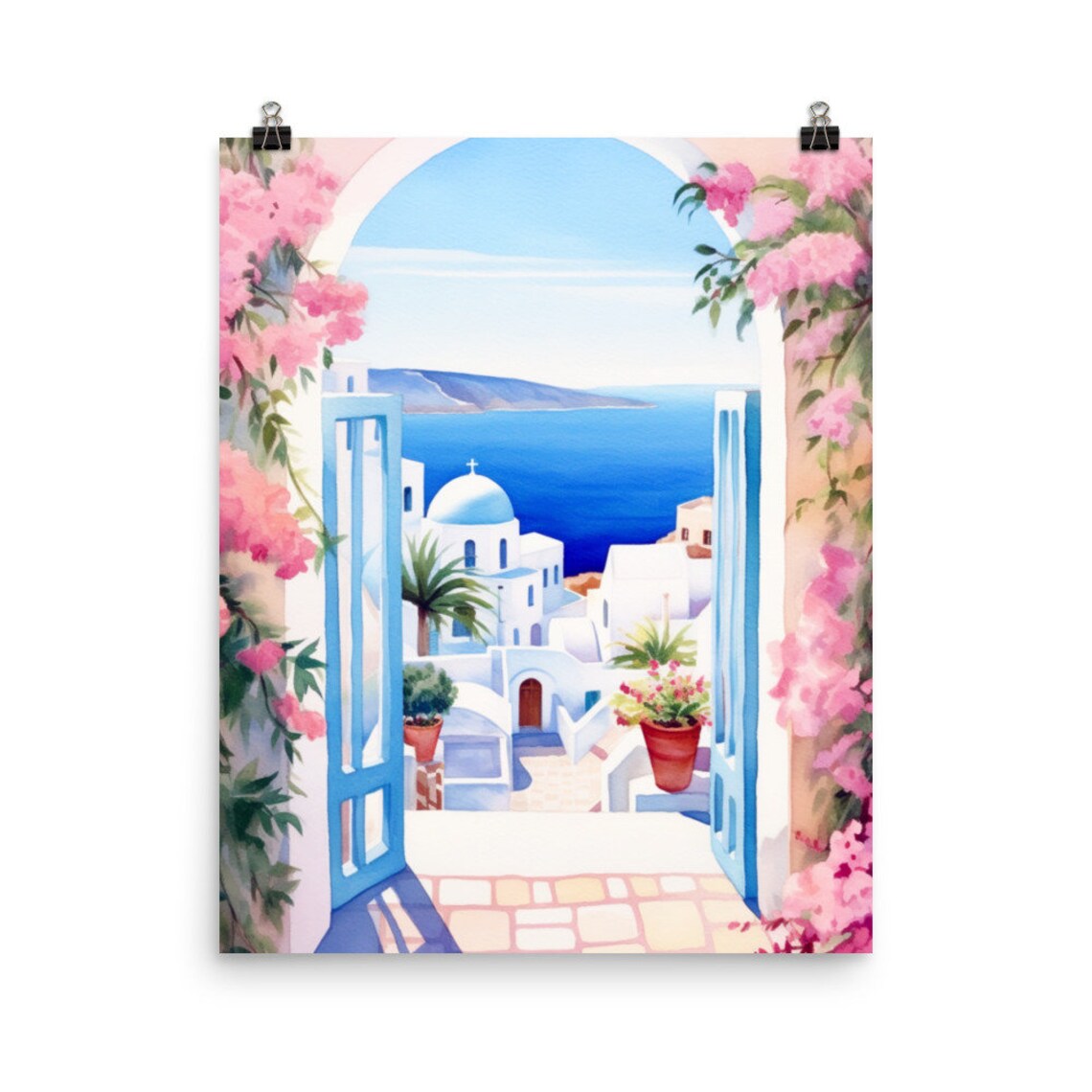 Santorini Watercolor Print, Oia Greece Travel Poster