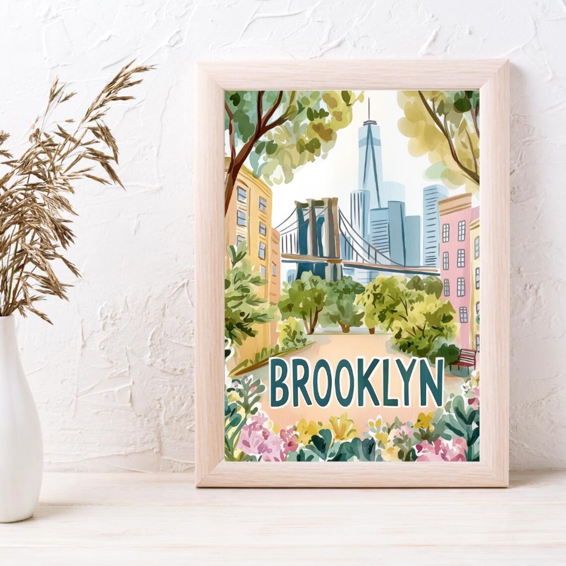 Brooklyn Bridge and Freedom Tower Above a Floral Street Poster - Image 3