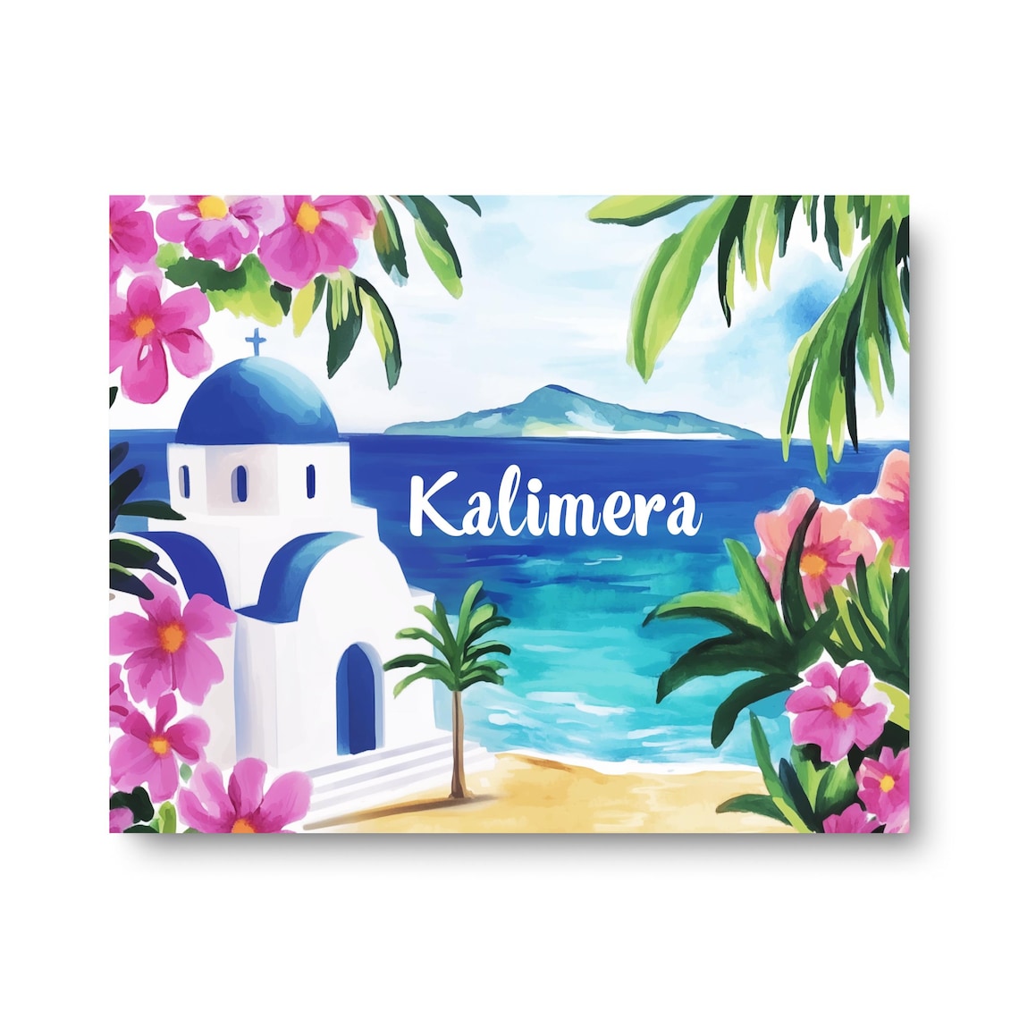 Kalimera Greece Watercolor Travel Poster, Aegean Sea