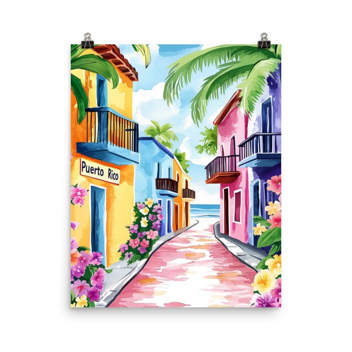 Colorful Puerto Rican Street Watercolor Print Rico Travel Gift Isla Del Encanto Pr Wall Art San Juan Decor Caribbean