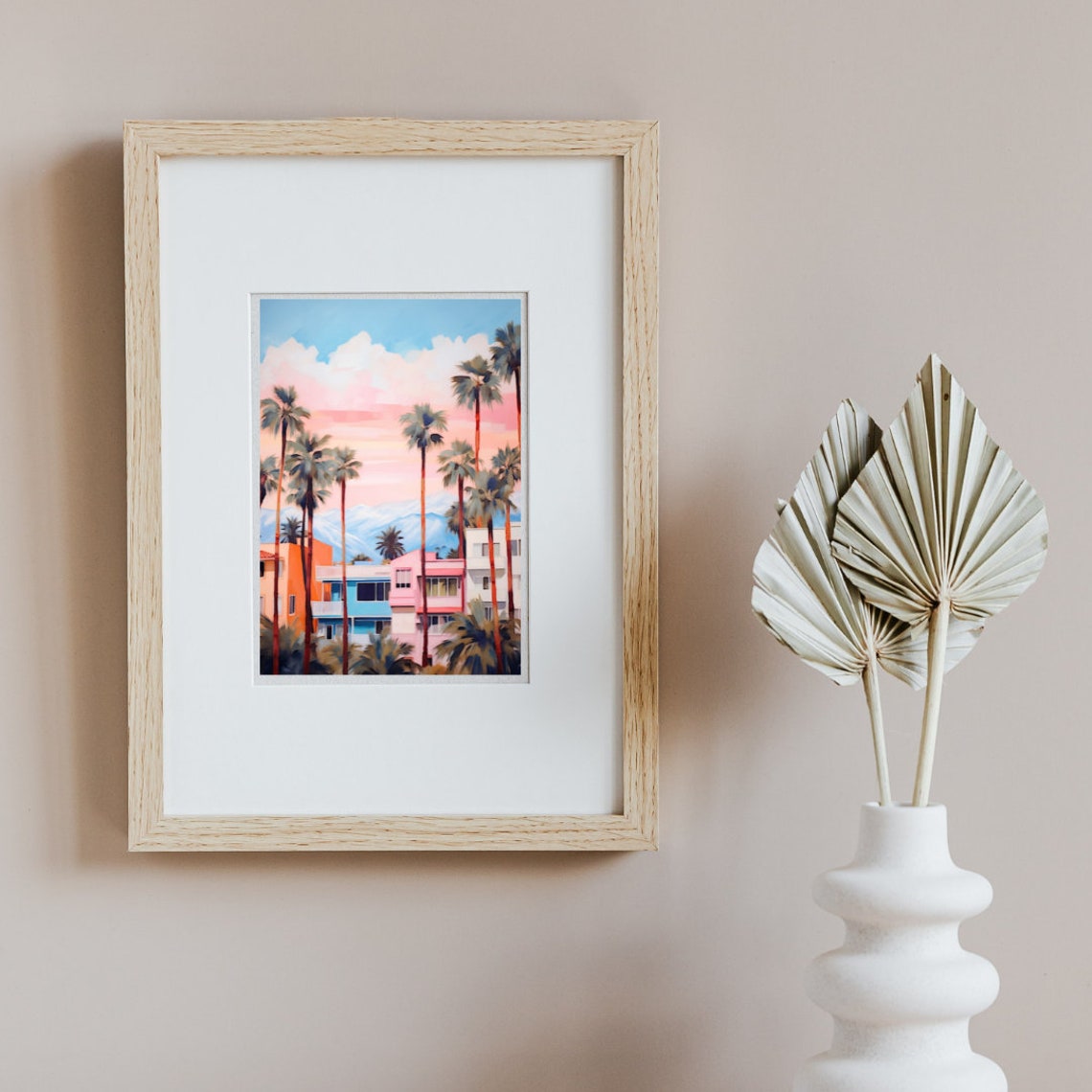 Pastel Palm Trees Over Colorful Beach Houses at Sunset Poster - Image 3