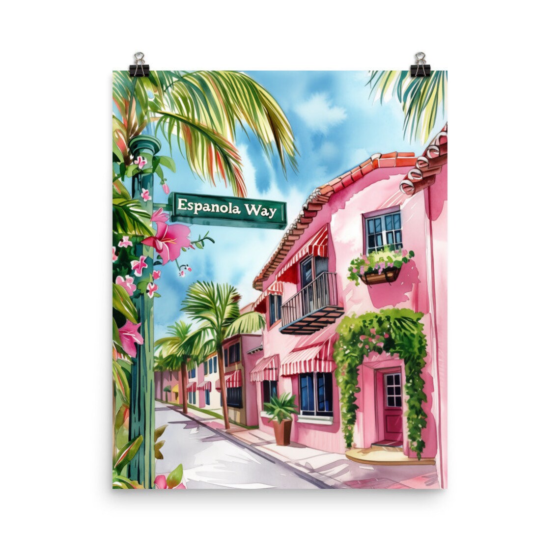 Espanola Way Watercolor Travel Poster, Miami Florida