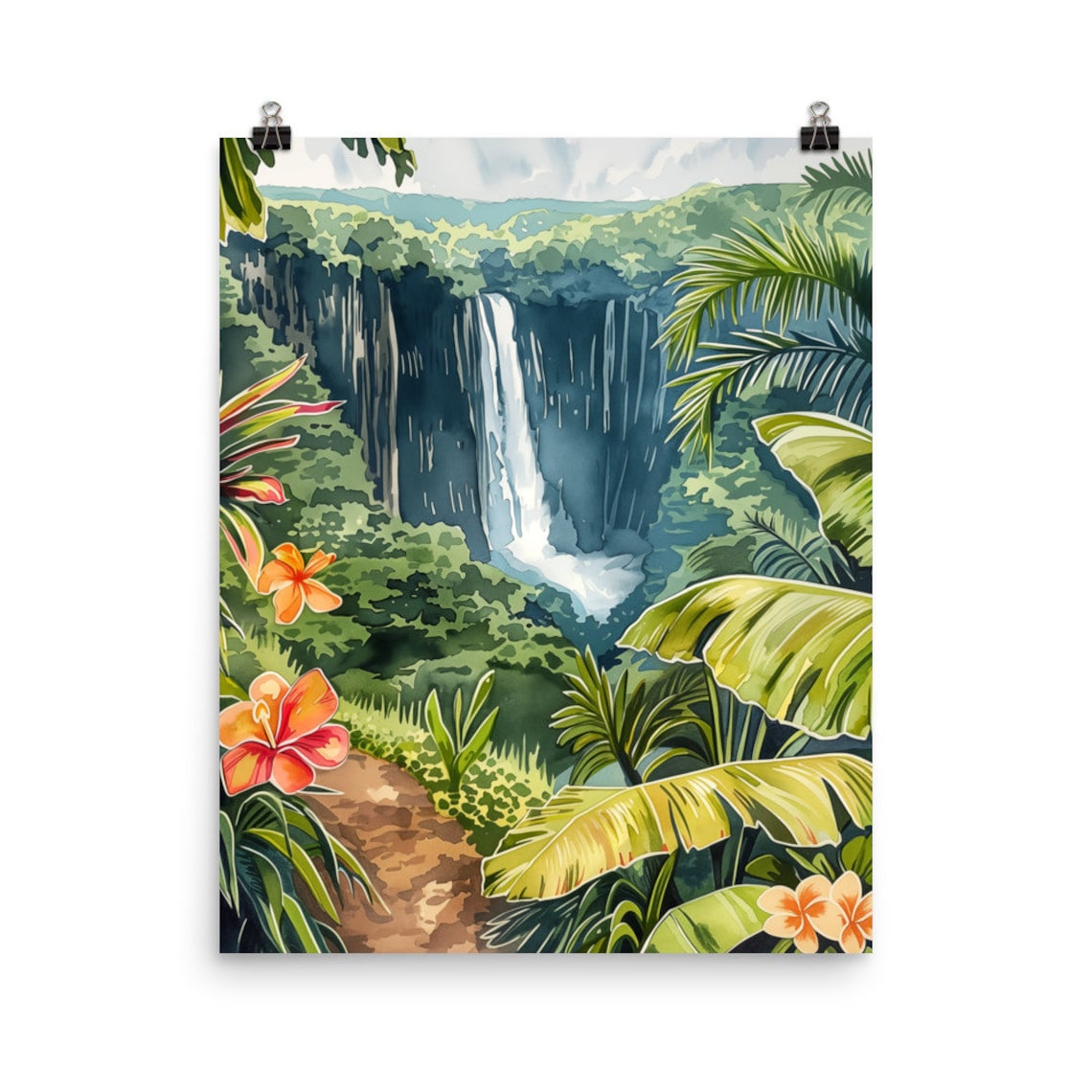 Akaka Falls Watercolor Art Print, Hawaii Travel Poster