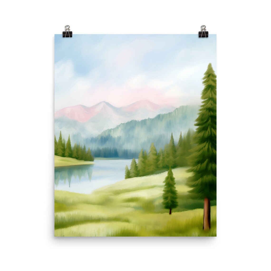 Bavarian Forest Alpine Lake Pine Mist Serene Watercolor Poster