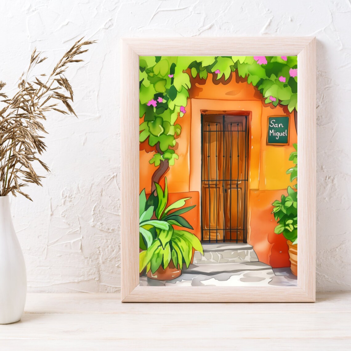 San Miguel Wooden Door With Iron Gate on an Orange Wall Poster - Image 3
