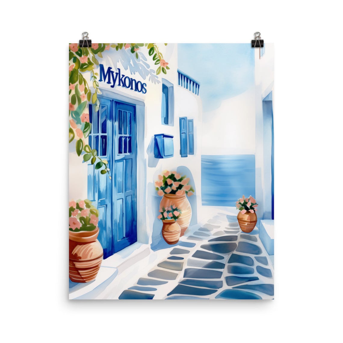 Mykonos Greece Blue Door Alley Watercolor Coastal Island Poster
