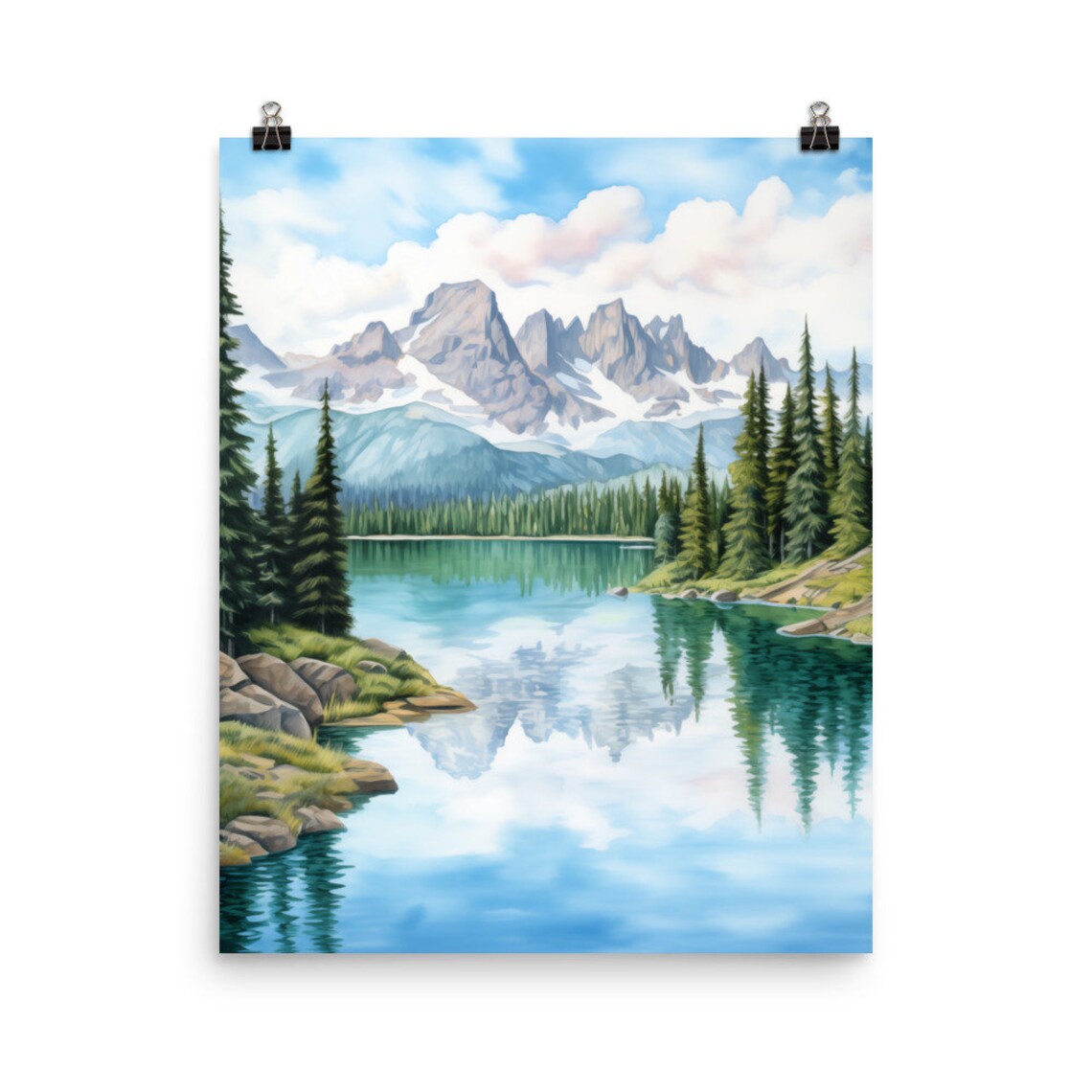 Sawtooth Mountains Idaho Watercolor Lake Reflection Art Poster
