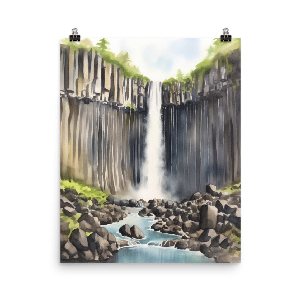 Svartifoss Waterfall Watercolor Print, Iceland Travel Poster