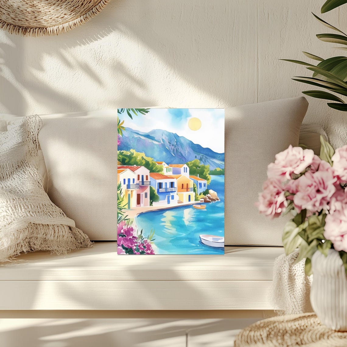 Assos Kefalonia Greece Watercolor Seaside Village Art Poster