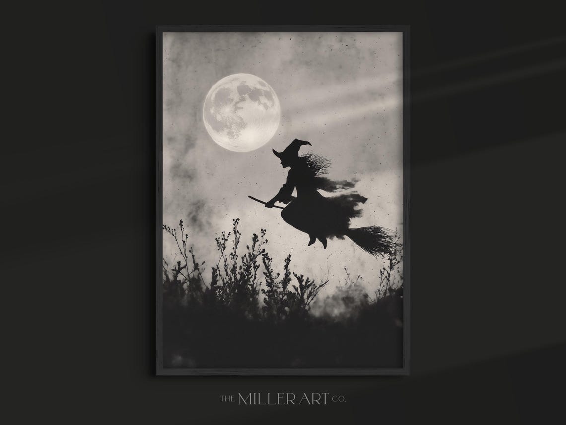 Witch On Broomstick Silhouette Full Moon Halloween Decor