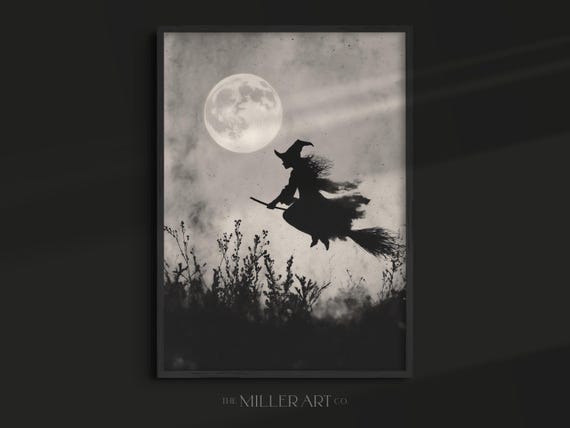 Witch On Broomstick Silhouette Full Moon Halloween Decor