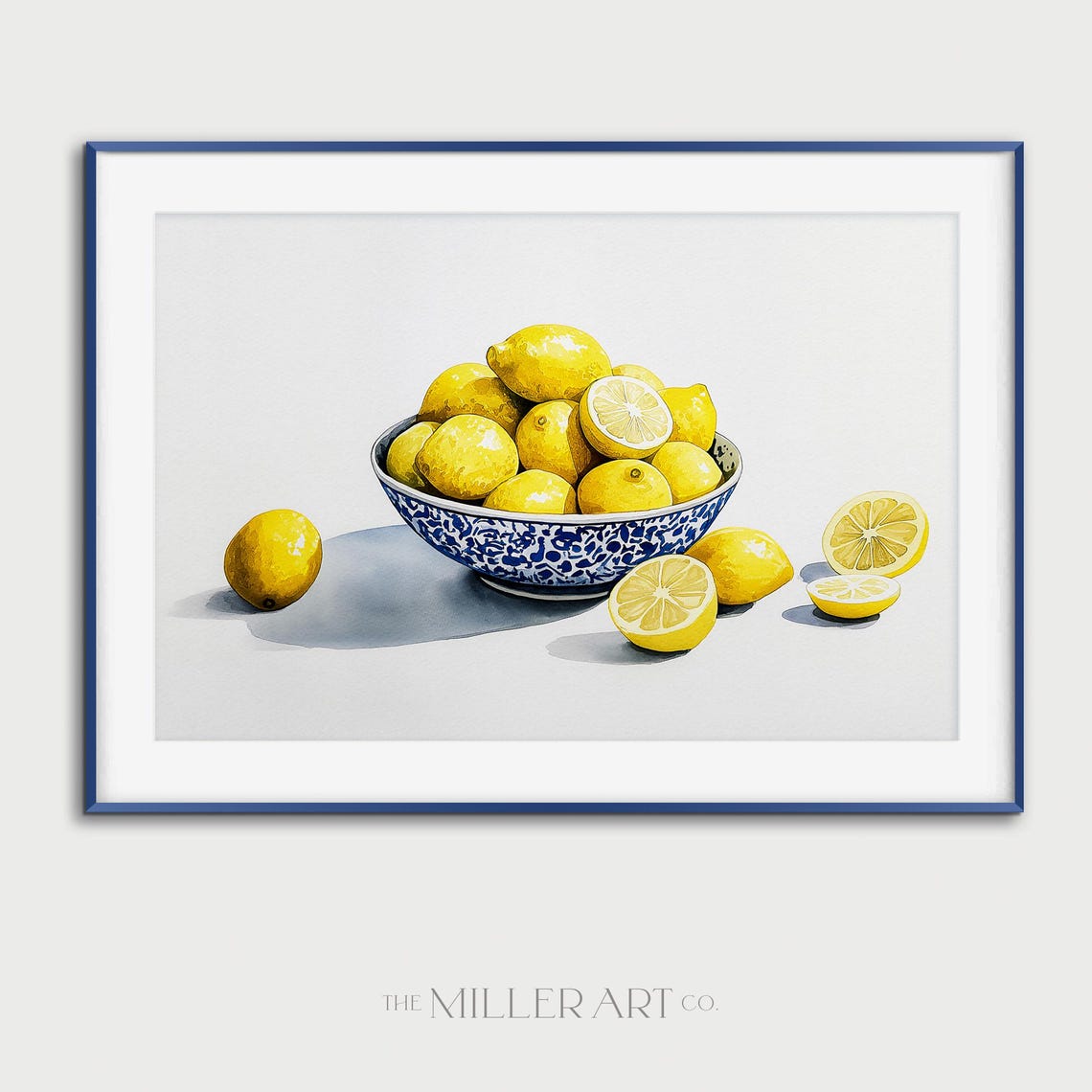 Fresh Lemons in Blue Porcelain Bowl Watercolor Still Life Wall Art