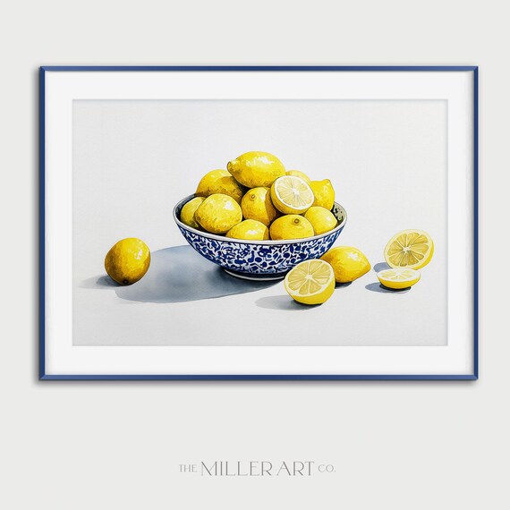 Fresh Lemons in Blue Porcelain Bowl Watercolor Still Life Wall Art