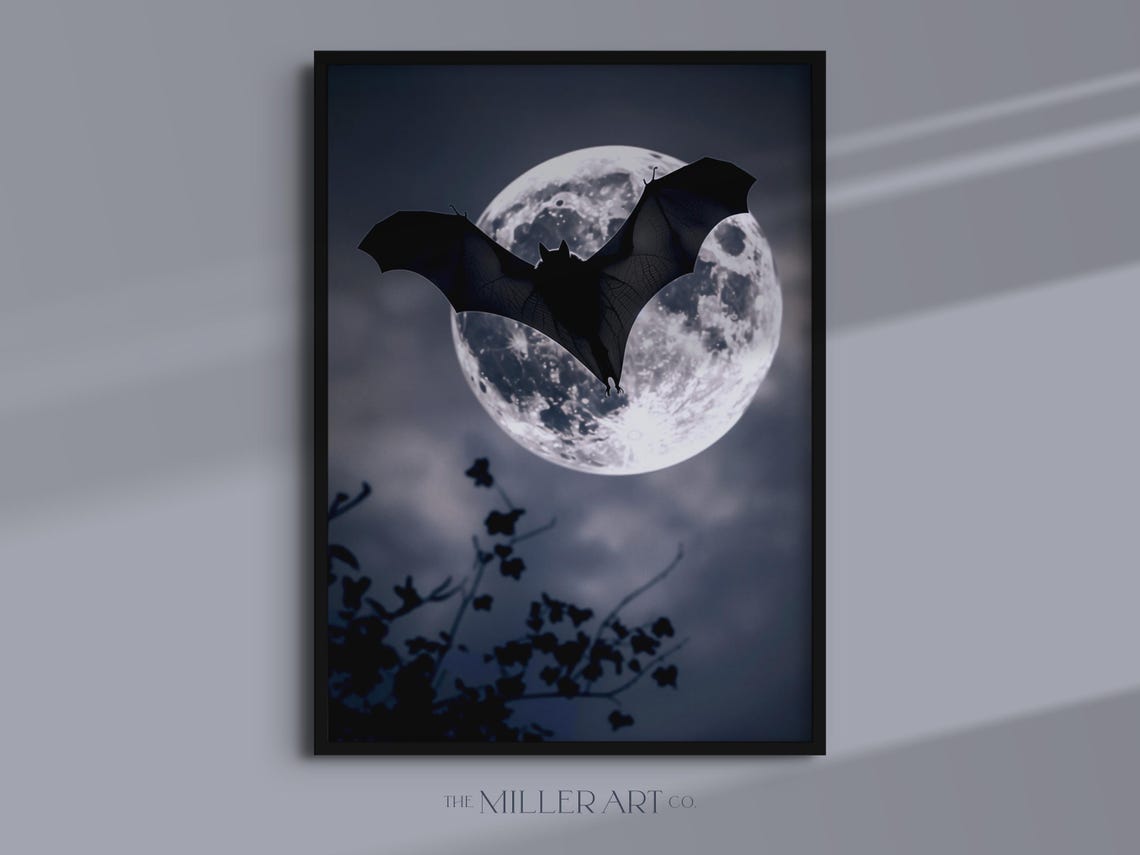 Black Bat Silhouette Print Gothic Halloween Wall Art 24x36 Max Size
