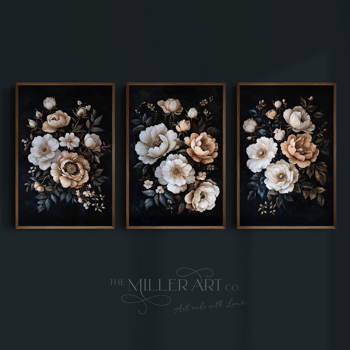 Moody White Peonies on Black Floral Triptych Dark Academia Wall Art