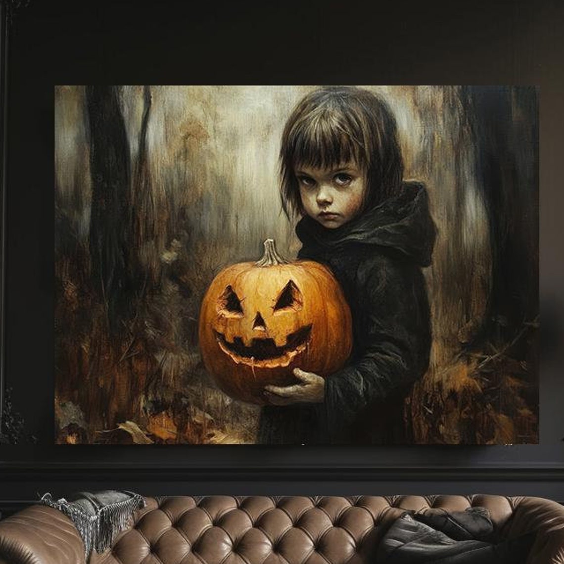 Child Holding Jack O Lantern Dark Halloween Forest Painting Poster