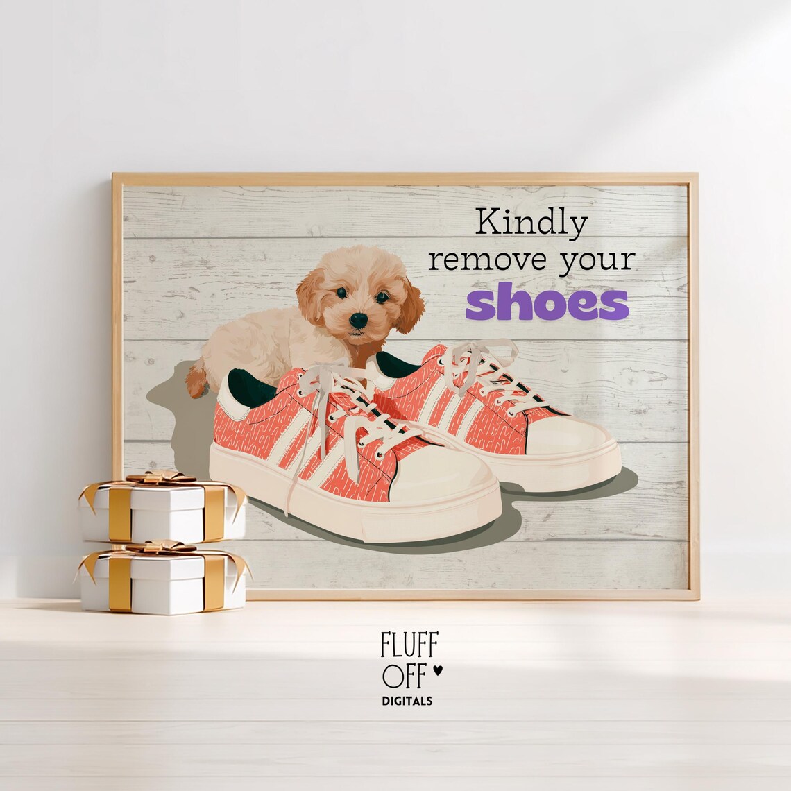 Kindly Remove Your Shoes Cute Puppy Farmhouse Entryway Wall Art